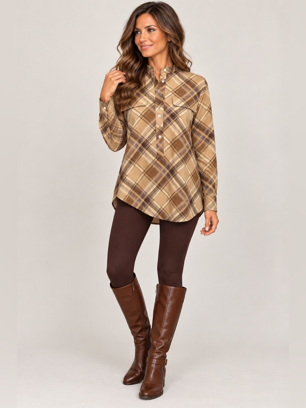 Lauren Ralph Lauren Plaid Button Half Down Shirt S Brown Tan